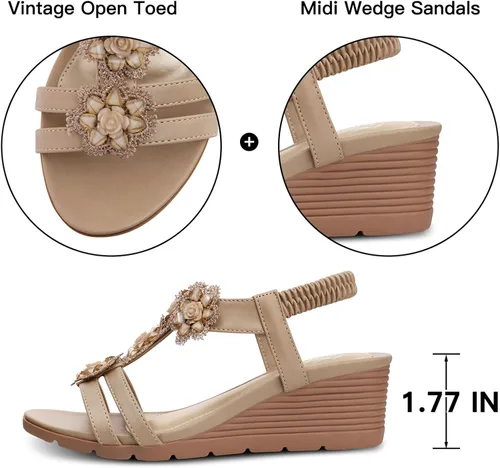 Vista 5 de SHIBEVER Sandalias de cuña para mujer: sandalias de cuña con correa elástica en el tobillo y puntera abierta, sandalias elegantes para mujer