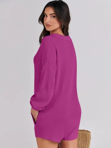 Vista 5 de ANRABESS Enterizo de suéter para mujer, trajes de otoño 2023, a la moda, largo, Henley, cuello en V, overol de punto para descansar