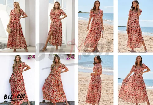 Vista 2 de BLENCOT Vestido largo casual de manga corta para mujer, estilo bohemio, estampado floral, cuello en V, fruncido, cóctel, fiesta, maxi vestidos