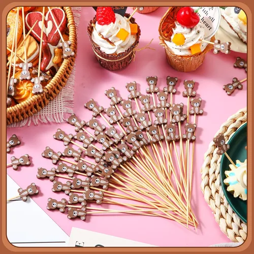 Vista 3 de Tioncy 100 unidades de palillos de cóctel con diseño de oso, palillos de dientes de oso de 4.7 pulgadas para aperitivos, pinchos de bambú