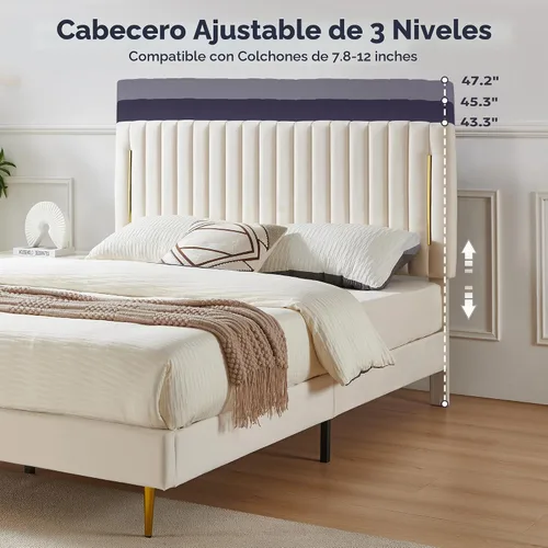 Vista 3 de Furnify Armazón de Cama de Plataforma Twin, Armazón de Cama Tapizado en Terciopelo con Cabecera Ajustable de Canal Vertical, Ribete de Enchapado