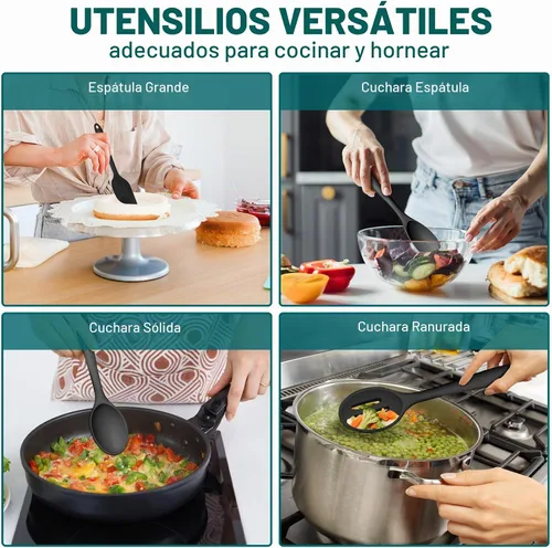 Vista 6 de TeamFar Juego de 7 utensilios de cocina de silicona, herramientas antiadherentes de cocina negras, espátula, cucharón, servidor de pasta