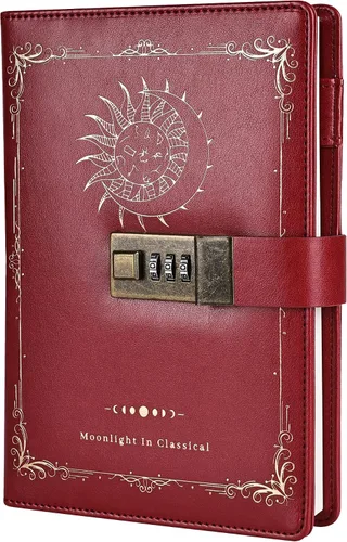 Vista 11 de TIEFOSSI Diario de cuero de constelación con cerradura, diario de luna y sol del zodiaco para escribir, cuaderno B6 con papel rayado para mujeres