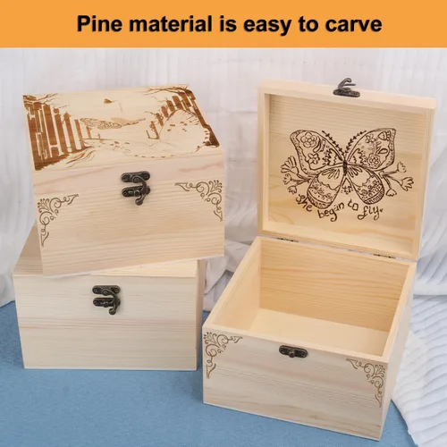 Vista 7 de GNIEMCKIN Paquete de 4 cajas de madera, cajas de madera sin pintar sin terminar para manualidades, proyectos de bricolaje y almacenamiento de joyas