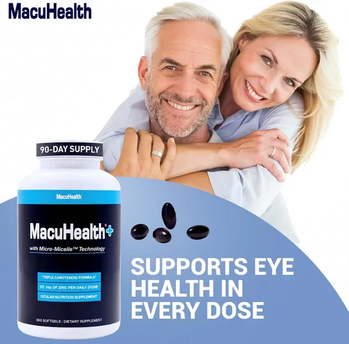 Vista 3 de Macuhealth Plus+ Suplemento de vitaminas para los ojos para adultos, suministro para 90 días con luteína, zeaxantina y meso-zeaxantina, sin sabor