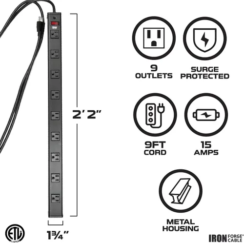 Vista 2 de Iron Forge Cable Regleta de protección contra sobretensiones resistente de 9 salidas con disyuntor integrado, 14/3 SJT negro y amarillo con cable