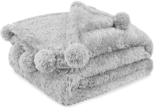 Vista 24 de PAVILIA Manta de sherpa negra para sofá, cálida manta de felpa con pompones, manta mullida para sofá, ligera, suave y acogedora con pompones, 50 x