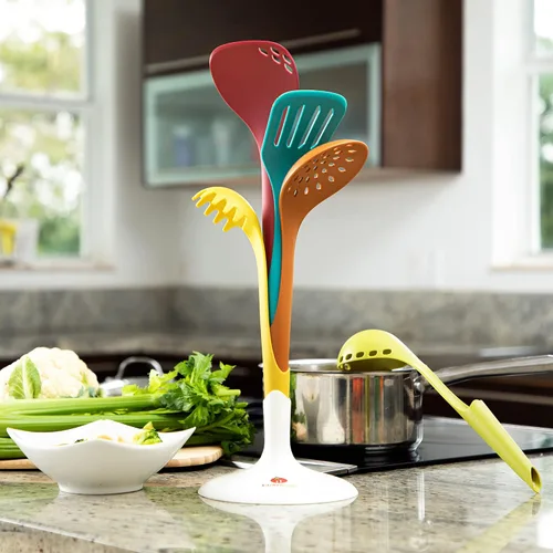 Vista 2 de Tomato Kitchenware Nylon Kitchen Utensil Set Tools - Solid Spatula, Slotted Spatula, Soup Ladle, Slotted Ladle, Spaghetti Spoon - Safe for Non-Stick