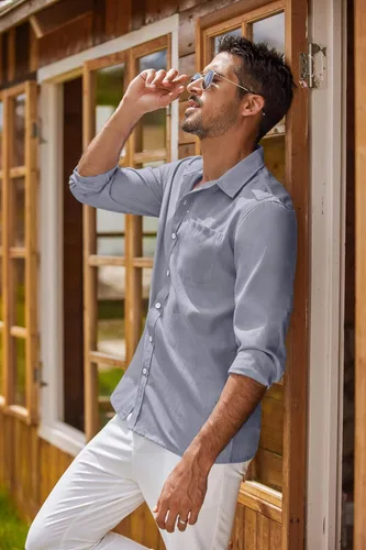 Vista 37 de COOFANDY Camisa Oxford de manga larga con botones para hombre, camisas de vestir de ajuste regular