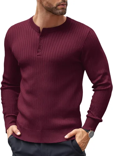 Vista 29 de COOFANDY Suéter de punto Henley para hombre, manga larga, con botones, ligero, para otoño, ajustado, acanalado