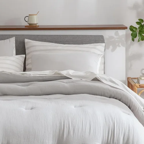 Vista 5 de SHALALA - Juego de ropa de cama ligera de gasa de algodón gris claro, edredones gris claro para cama King, juegos de cama suaves y cálidos con juego