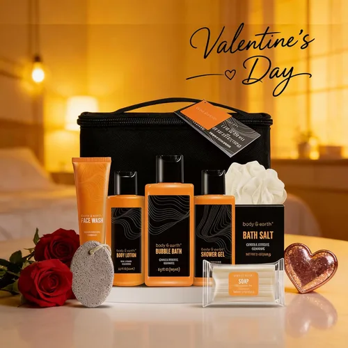 Vista 8 de Body & Earth Cestas de regalo para hombres, juego de baño con aroma cítrico para baño y cuerpo con loción corporal, gel de ducha, baño de burbujas