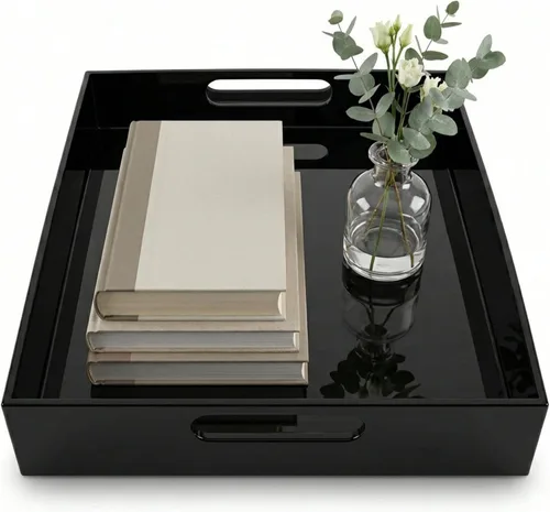 Vista 10 de Bandeja de acrílico transparente para tocador, baño, otomana, escritorio y decoración con asas (Rectangular, Grande)