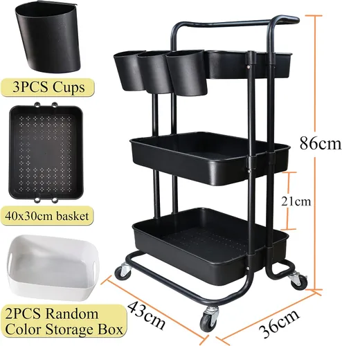 Vista 2 de Estante organizador de almacenamiento de 3 niveles con 3 tazas colgantes, 8 ganchos, 2 cajas de almacenamiento para el hogar, oficina, cocina, baño