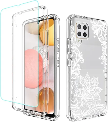 Vista 8 de Funda protectora de cuerpo completo con diseño floral transparente y protector de pantalla de vidrio templado para Samsung Galaxy A42 5G