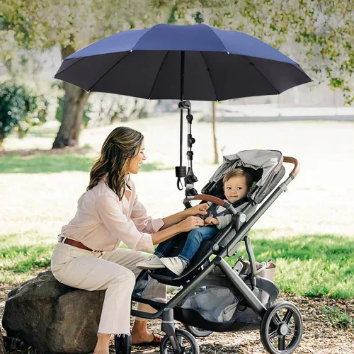 Vista 6 de Sombrilla para cochecito de bebé, montaje ajustable de 360°, impermeable, sombrilla para cochecito para todo tipo de cochecitos (azul)