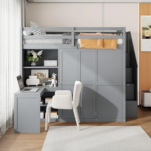 Vista 15 de Cama loft de madera tamaño matrimonial con escritorio en forma de U y espejo de tres pliegues, base de cama tipo loft multifunción con Espresso-10.16