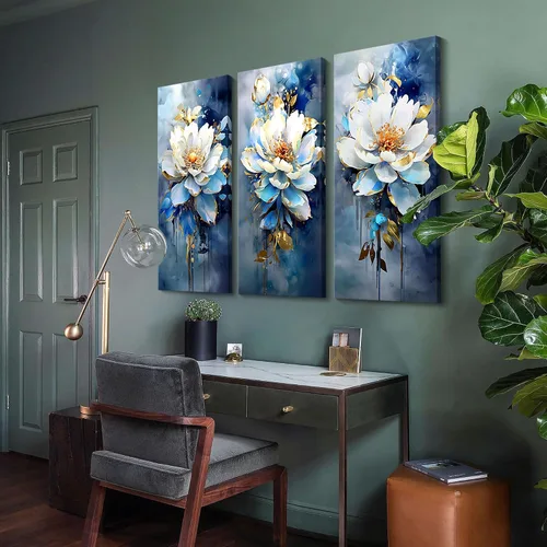 Vista 2 de AJAZIKO Arte de pared abstracto de flores, arte de pared floral, pinturas modernas para decoraciones de pared, decoración de pared familiar azul
