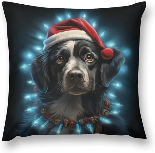 Vista 2 de Almohadas decorativas para cama, diseño de perro de Papá Noel con luces de Navidad, fundas de almohada para sofá para amantes de los perros, funda