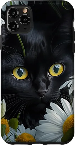 Vista 13 de iPhone 16 Black Cat with Daisies – Enchanting Floral Design Case