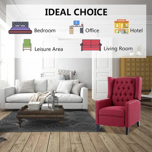 Vista 5 de Silla reclinable manual moderna, sillón informal con patas de madera maciza con decoración de remaches, sofá individual para dormitorio, sala