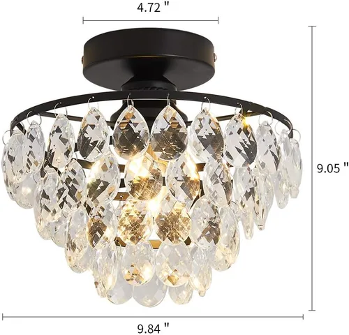 Vista 2 de Modern Celing Light Small Crystal Fixture Mini Black Semi Flush Mount Chandelier Light Fixture for Hallway Bedroom Bathroom Closet e26