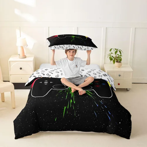 Vista 2 de Erosebridal - Ropa de cama para adolescentes y niños, estampado de control de videojuegos, funda de edredón tamaño individual, 2 piezas con 1 funda
