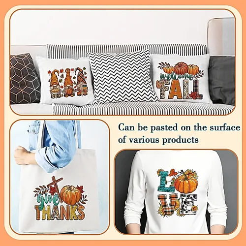 Vista 4 de Parches de planchado de otoño para ropa con diseño de calabaza, transferencias de planchado de otoño, hojas de arce, gnomo, pegatinas
