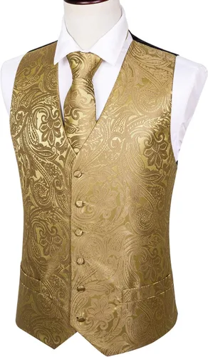 Vista 4 de Barry.Wang Chaleco formal de los hombres Paisley Jacquard seda corbata traje chaleco conjunto boda 5PCS