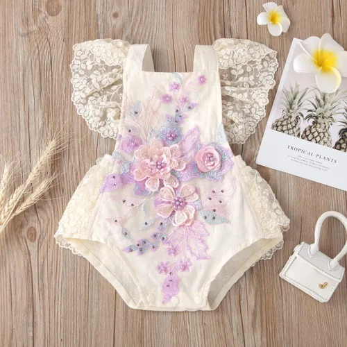 Vista 2 de ODASDO Mameluco de encaje para bebé niña, delicado bordado sin espalda, con diadema de flores, 2 piezas, traje de pastel