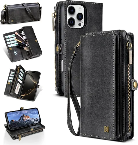 Vista 40 de Funda tipo cartera para iPhone 16 Pro Max con 8 tarjeteros, bloqueo RFID, piel sintética, función atril, abatible, correa de muñeca y correa