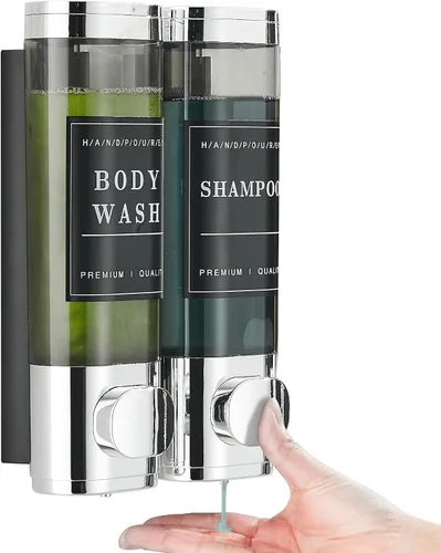 Vista 11 de Dispensador de champú y acondicionador, dispensador de jabón de ducha, 3 cámaras, sin taladro, dispensador de champú montado en la pared para ducha