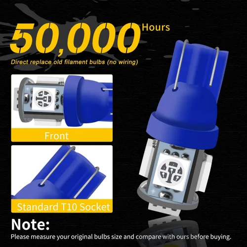 Vista 4 de Qasim Bombilla LED azul de 194, T10 W5W 2825, 158, 192, 168, 194, cuña 5-SMD 5050, ultra azul, para interior del automóvil, 12 V CC (paquete de 10)