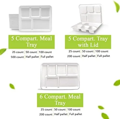 Vista 2 de three leaf Bandeja de Bagazo de 6 Compartimentos Resistente - Súper Fuerte - Natural - Ecológica Platos Desechables de Bagazo, 100% Biodegradables