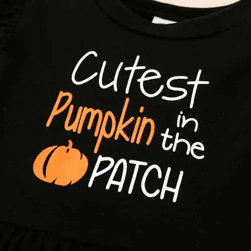 Vista 6 de Noubeau My 1st Halloween Baby Girl Outfits Ruffle Pumpkin Print Túnica Drees Camisa Pantalones Rayas Legging Otoño Invierno Ropa
