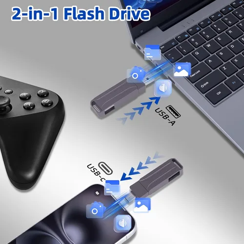 Vista 2 de Unidad flash USB de 512 GB, USB A dual y unidad de pulgar tipo C Negro