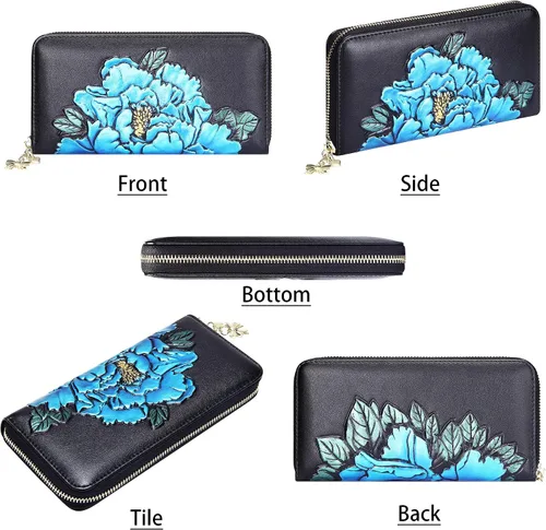 Vista 4 de FEITH & FELLY - Cartera con bloqueo RFID para mujer, de cuero grabado en relieve, talla única