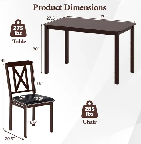 Vista 7 de Giantex Juego de mesa de comedor de 5 piezas para 4, mesa de cocina rectangular de 47 pulgadas y 4 sillas con patas de madera de goma, asiento
