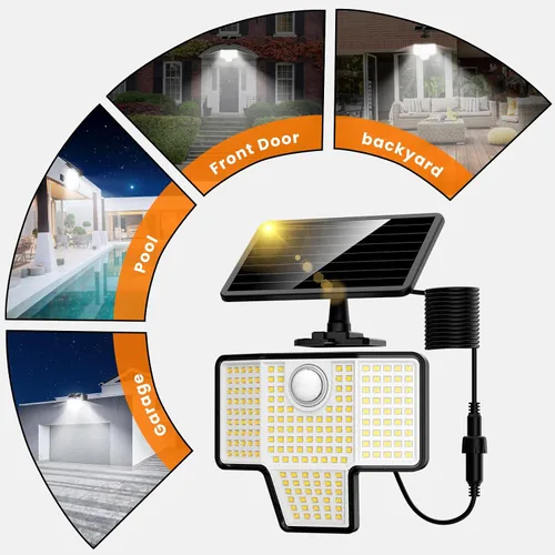 Vista 8 de AmeriTop Luces solares para exteriores, paquete de 2, sensor de movimiento solar inalámbrico, 128 luces LED para exteriores; 3 cabezales ajustables