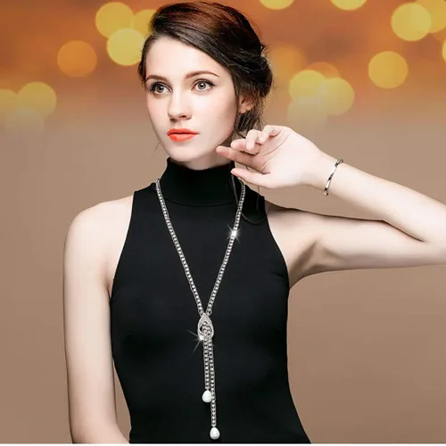 Vista 3 de Suyi collar largo de cristal a la moda, hace juego con todo, cadena brillante, suéter