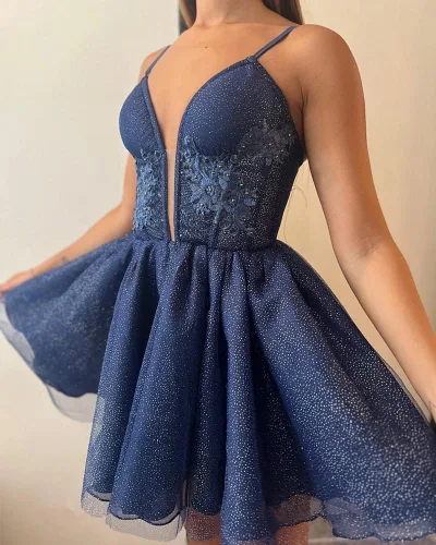 Vista 5 de Vestidos de tul con purpurina para adolescentes, tirantes delgados, cuello en V, vestidos de baile 2023 con apliques de encaje corto, vestido