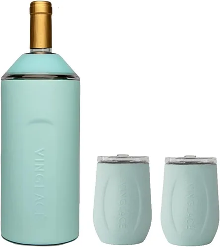 Vista 7 de Vinglacé Juego de regalo enfriador de botellas de vino, enfriador de vino portátil de acero inoxidable con 2 copas de vino sin tallo, color negro