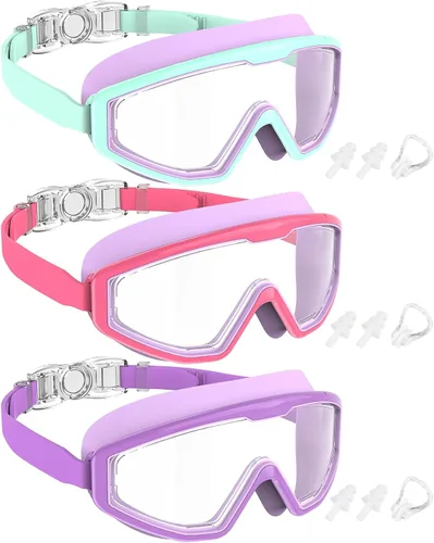 Vista 19 de NSSIW Gafas de natación para niños, antiniebla, sin fugas, con clip para la nariz, tapones para los oídos para niñas, niños y jóvenes, 6-14, paquete