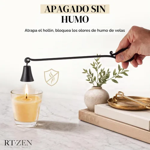 Vista 2 de RTZEN Campana de velas rústica con campana - Apagador de velas de hierro forjado decorativo hecho a mano con mango largo - Accesorios únicos