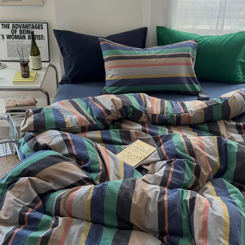 Vista 117 de mixinni Juego de funda de edredón vintage a rayas, tamaño twin, juego de ropa de cama de 3 piezas, 100% algodón lavado, suave y transpirable, funda
