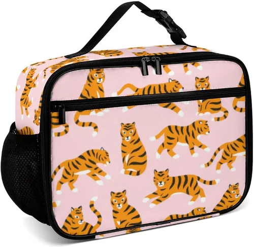 Vista 26 de Lonchera reutilizable con diseño a cuadros y negro y blanco con aislamiento, bolsa de almuerzo para comida y comida, bolsa de mano para mujeres