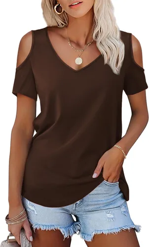 Vista 13 de Amoretu - Camisetas de manga corta con hombros descubiertos, cuello en V, blusa y túnica para mujer A: Negro