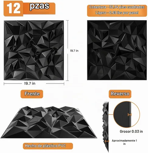 Vista 2 de TroyStudio Paneles difusores de sonido acústico, 19.7 x 19.7 x 1 pulgadas, 12 paneles de pared 3D de plástico de PVC negro, panel de difusión