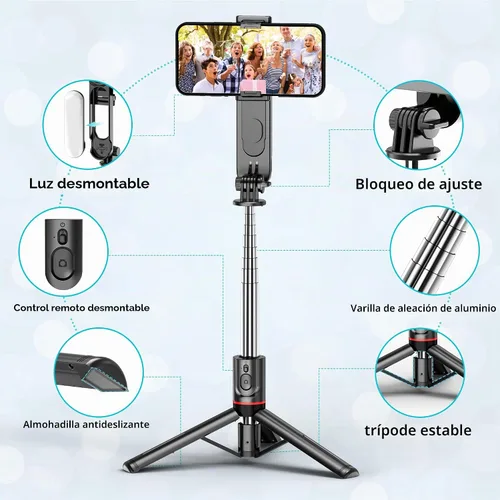 Vista 8 de Trípode estable para selfie stick con luz de relleno, palo selfie extensible de 44 pulgadas con control remoto inalámbrico y soporte de trípode Negro