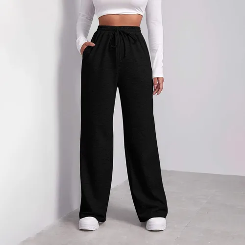 Vista 2 de Pantalones deportivos holgados de pierna ancha para mujer, pantalones deportivos de forro polar con bolsillos, cómodos pantalones de cintura alta